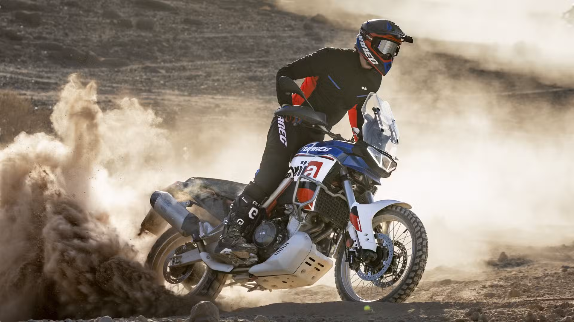 A rider pushing the Aprilia Tuareg 660 to its off-roading limits