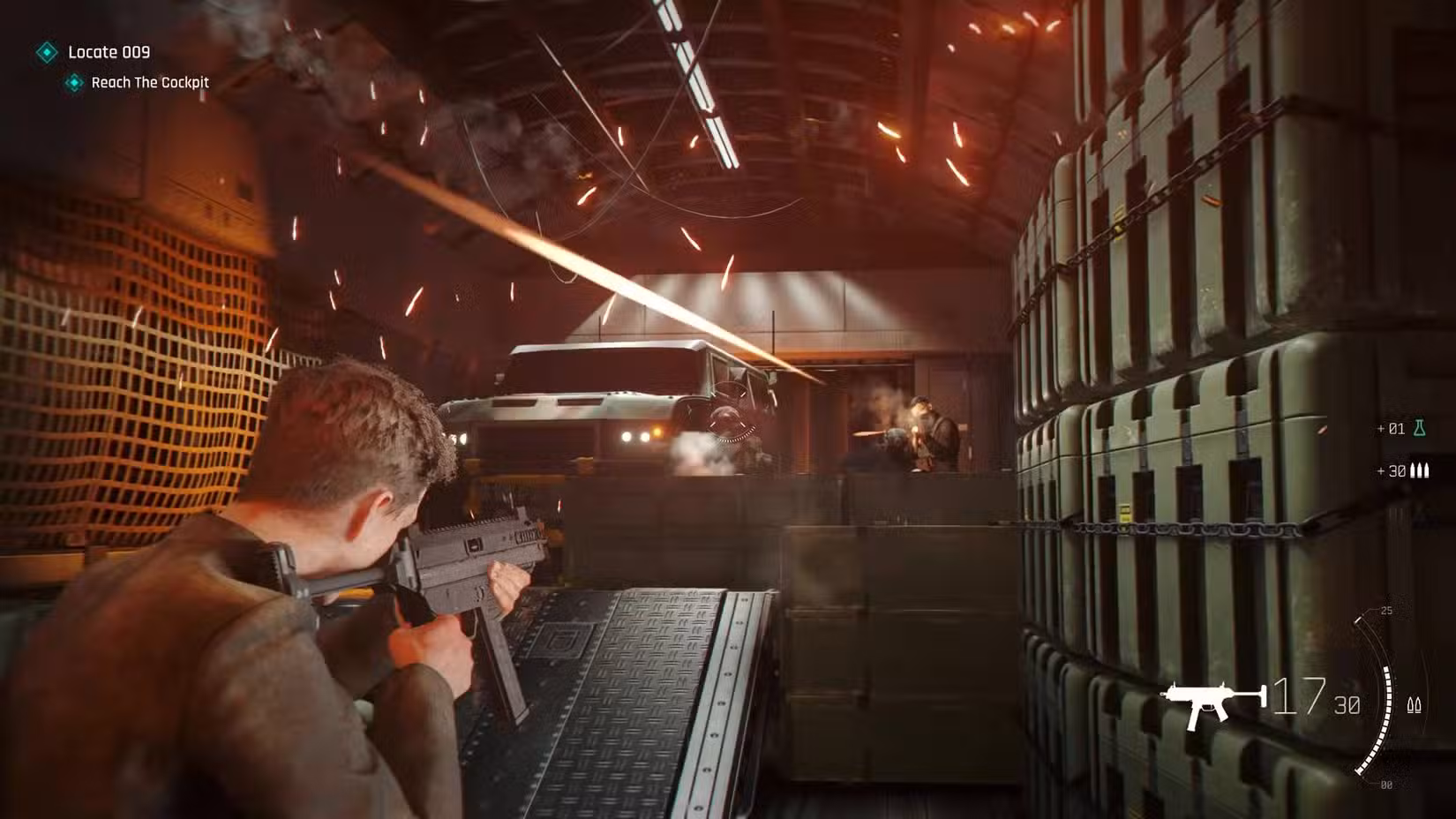 Bond shooting an SMG on a plane during 007 First Light.