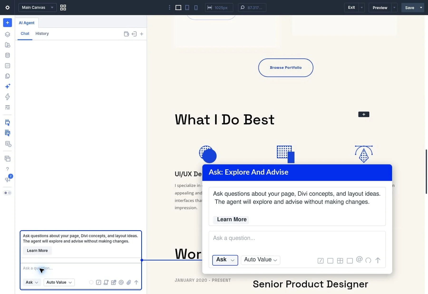 The Ask mode in the Divi AI Agents panel answering a question about the page