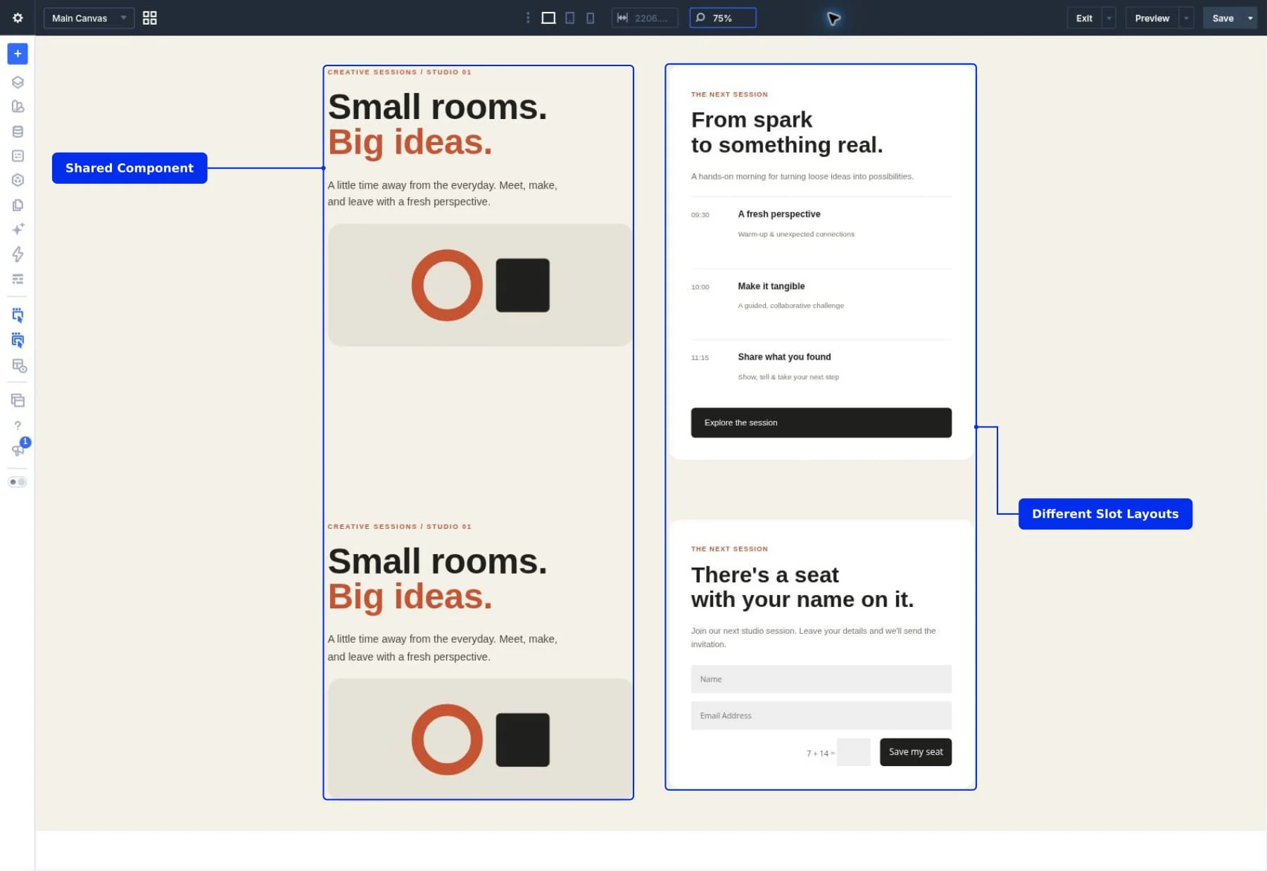 Two instances of a Divi 5 workshop Component with a schedule in one Slot and a booking form in the other.