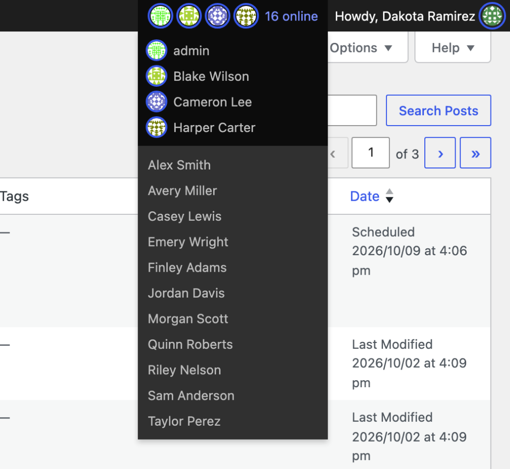 The same Presence menu, seen by Dakota Ramirez, who can't see where other people are. admin, Blake Wilson, Cameron Lee and Harper Carter are listed first because they share the screen, and everyone else online appears as a plain list of names.