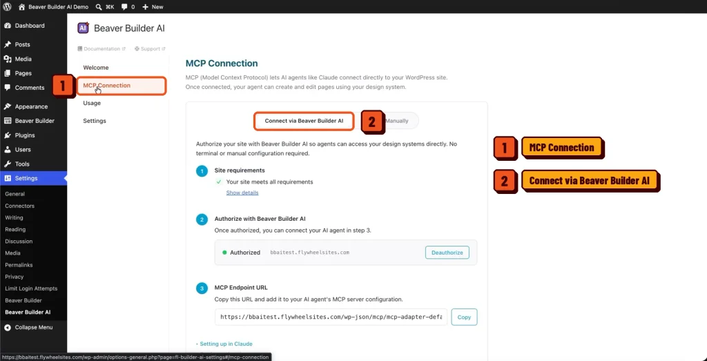 Beaver Builder AI MCP Connection settings in WordPress with Connect via Beaver Builder AI selected