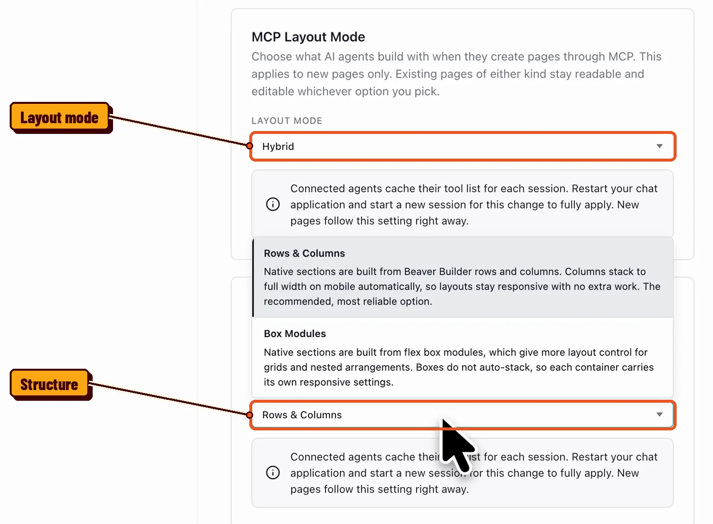 Beaver Builder AI MCP Layout Mode and Layout Structure settings in WordPress