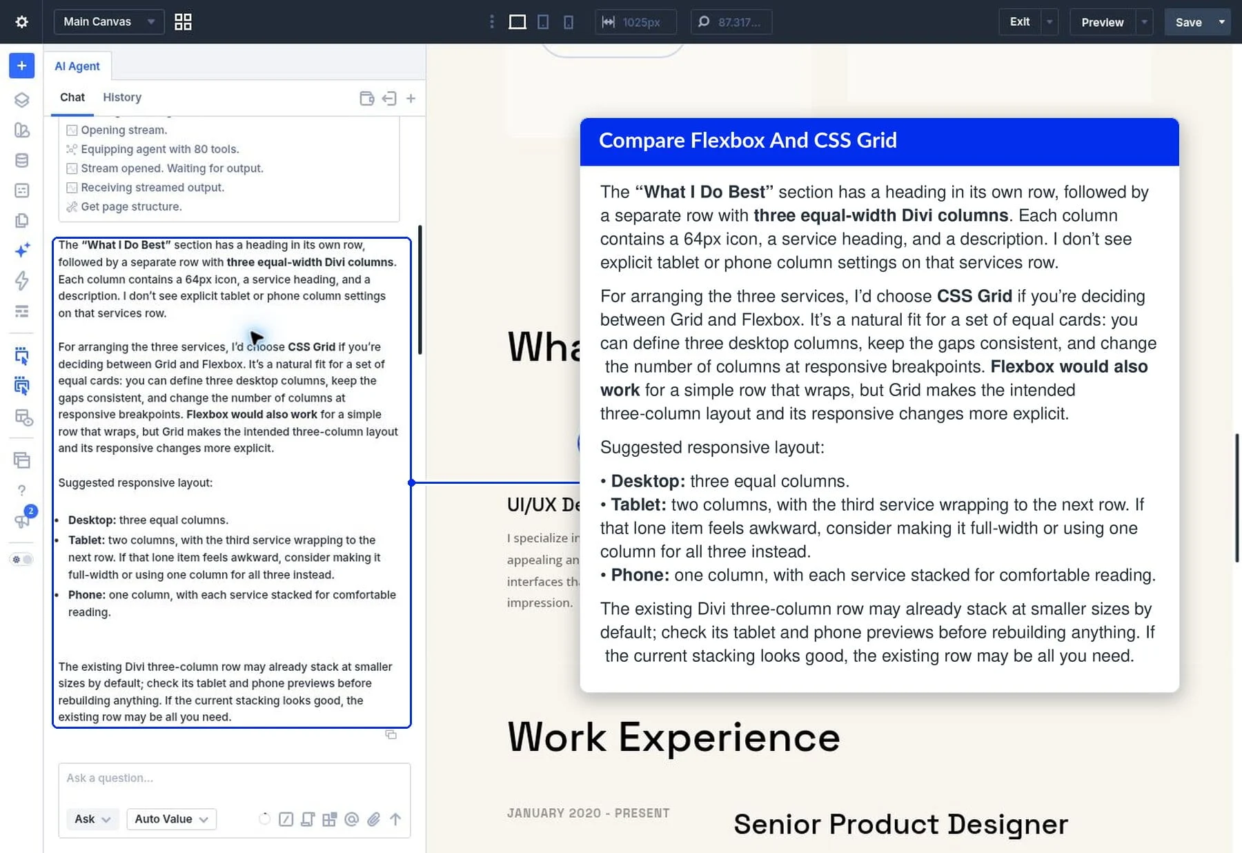 Ask recommending CSS Grid or Flexbox for the What I Do Best services row