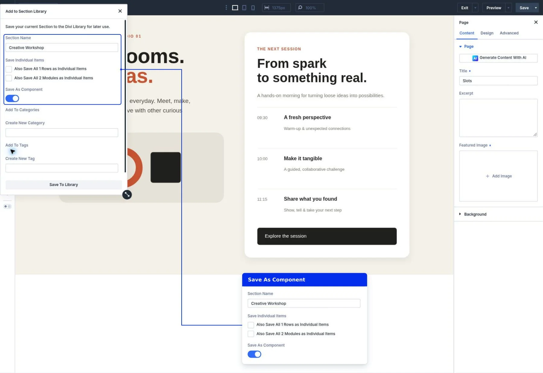 Saving the complete Creative Workshop section to the Divi Library with Save As Component enabled.