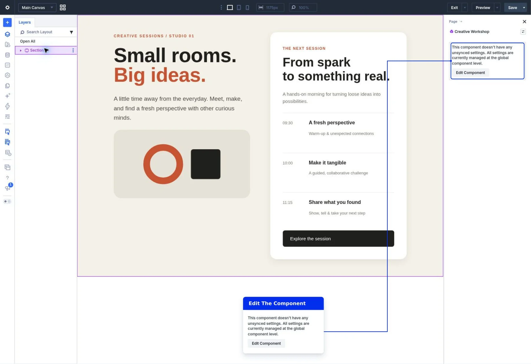Selecting Edit Component to open the shared Creative Workshop source in Divi 5.