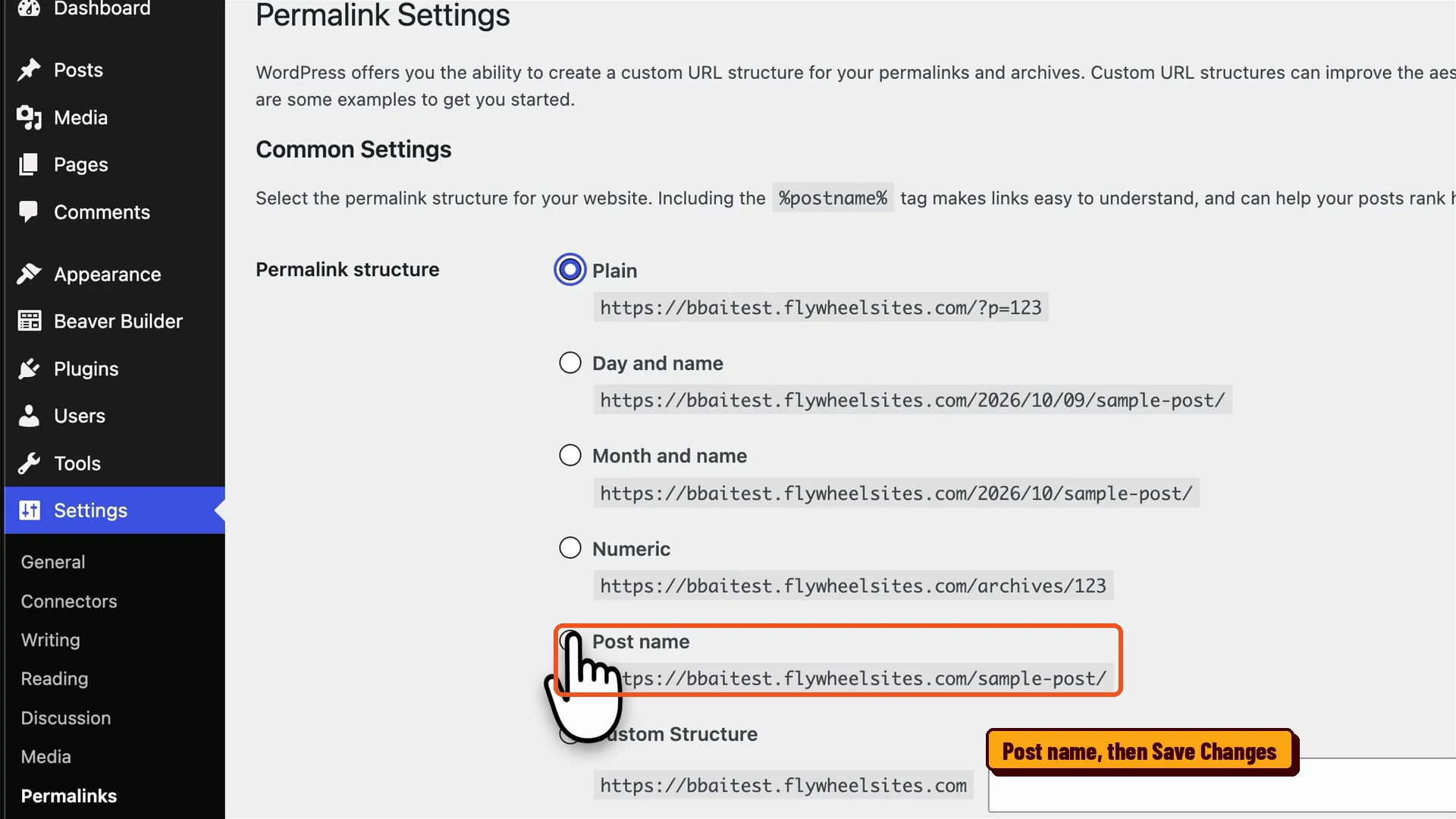 WordPress permalink settings with Post name selected