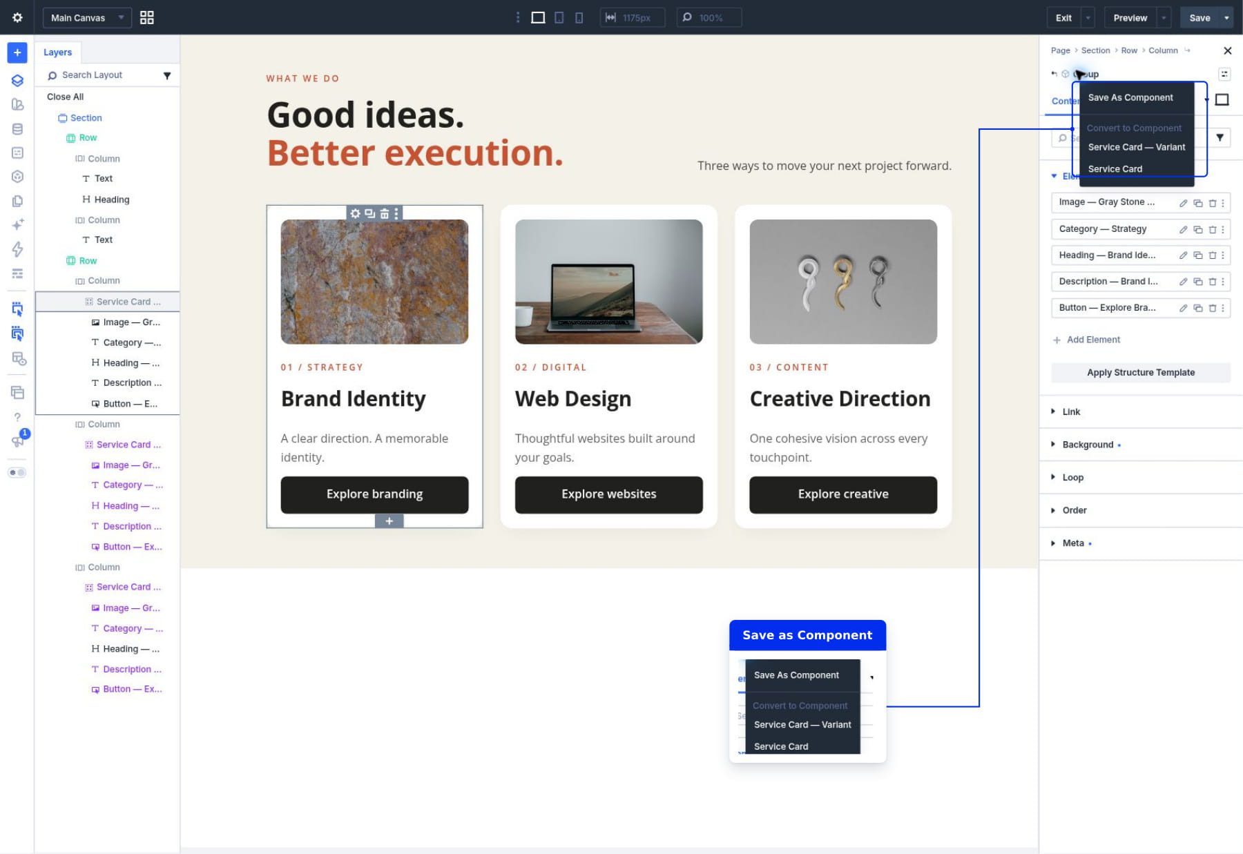 Save As Component option for the Brand Identity service-card Group