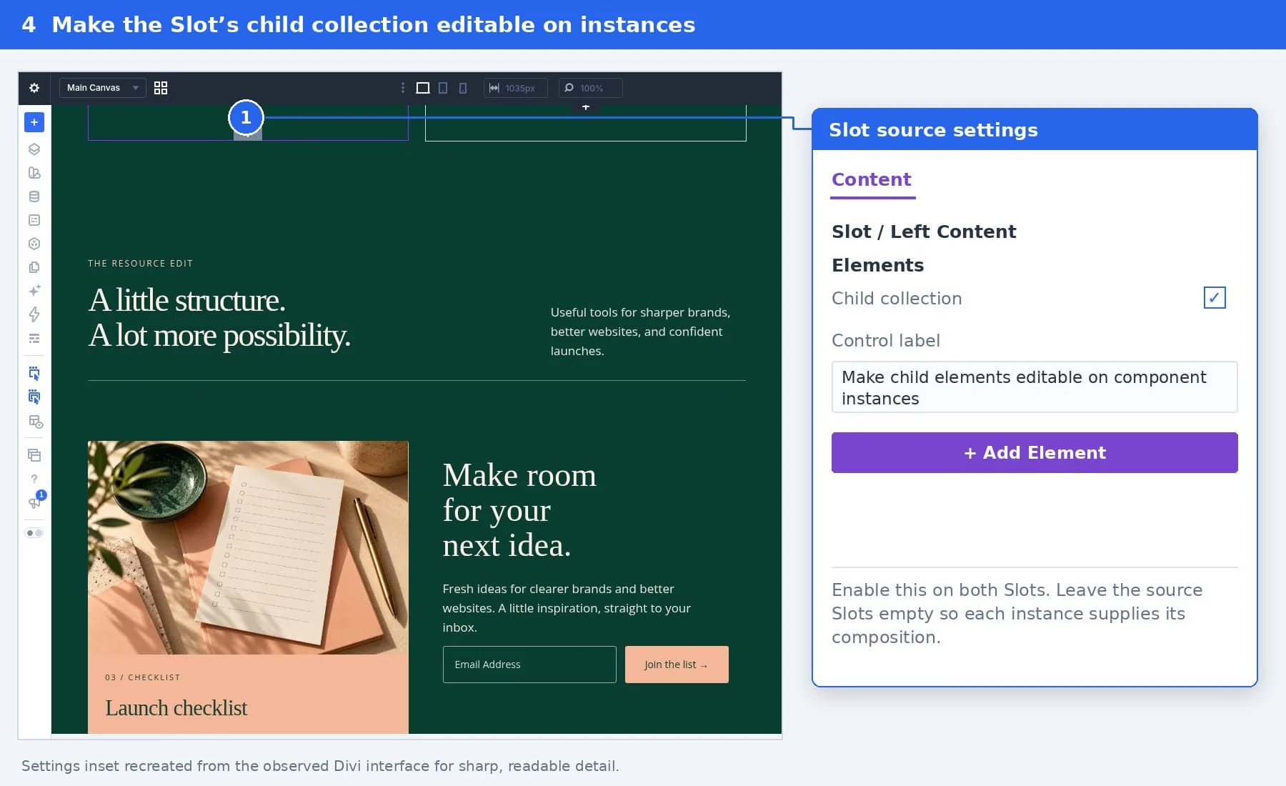 Enable the Slot Elements collection so each page instance can supply its own children.