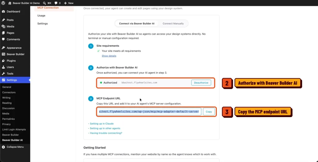 Authorize with Beaver Builder AI and copy the MCP endpoint URL