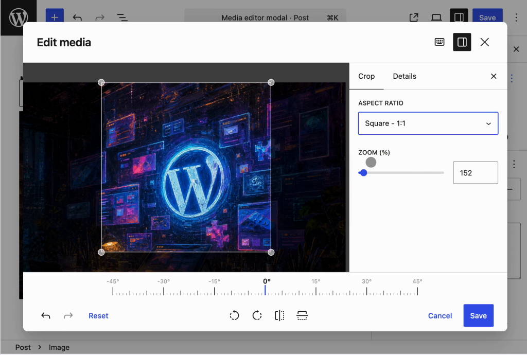 The WordPress Edit media modal showing an image crop selection with aspect ratio, zoom, rotation, and save controls.