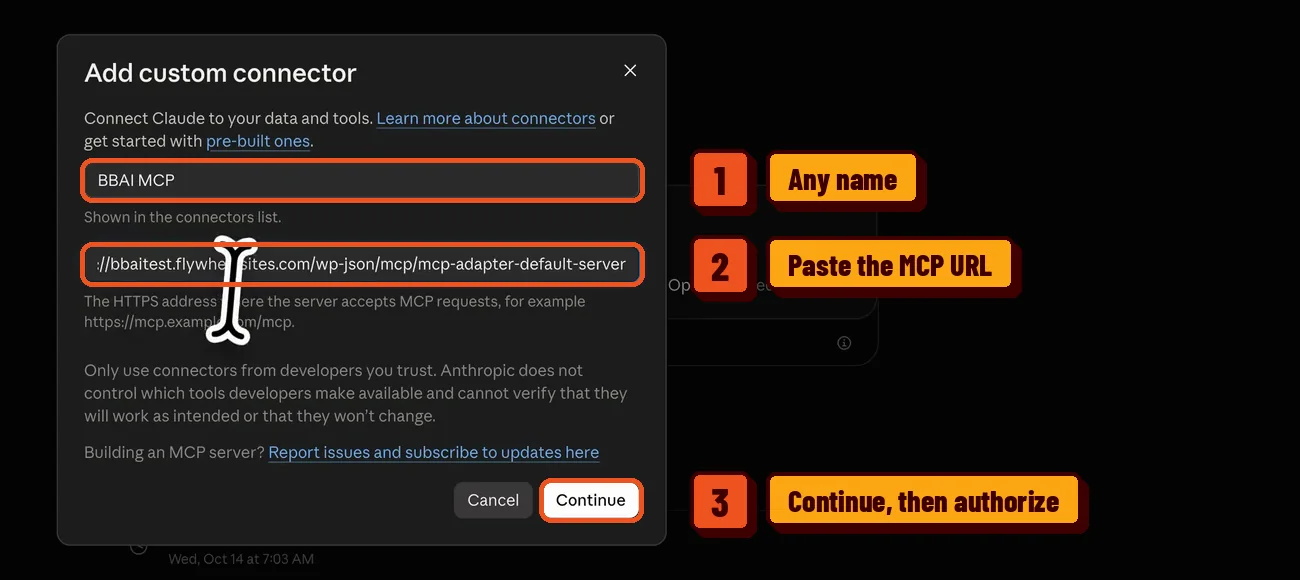 Add custom connector window in Claude with the Beaver Builder AI MCP URL pasted in