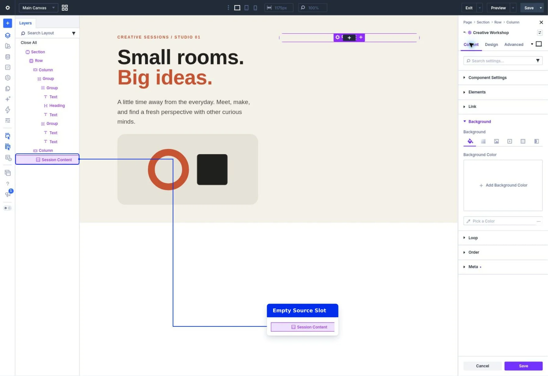 An empty Slot labeled Session Content inside the shared Creative Workshop Component.