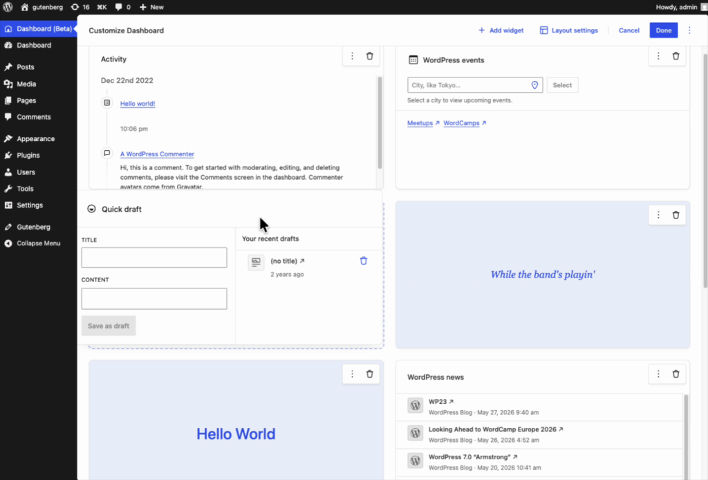 The experimental WordPress dashboard customization screen showing multiple dashboard widgets arranged in a two-column layout.