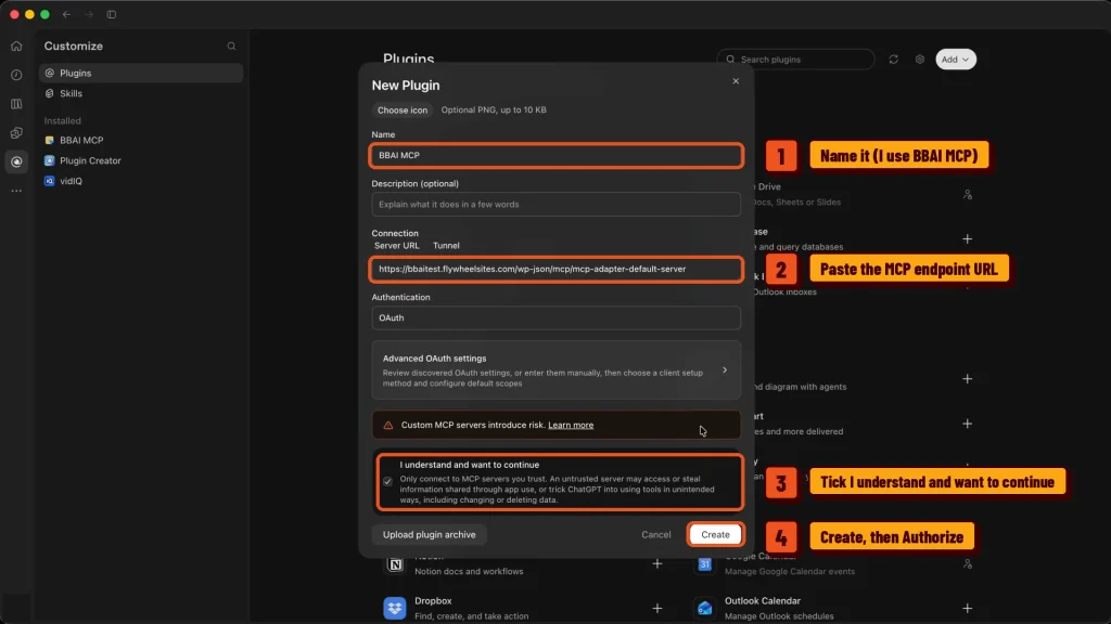 New Plugin form in ChatGPT with the Beaver Builder AI MCP endpoint URL pasted in
