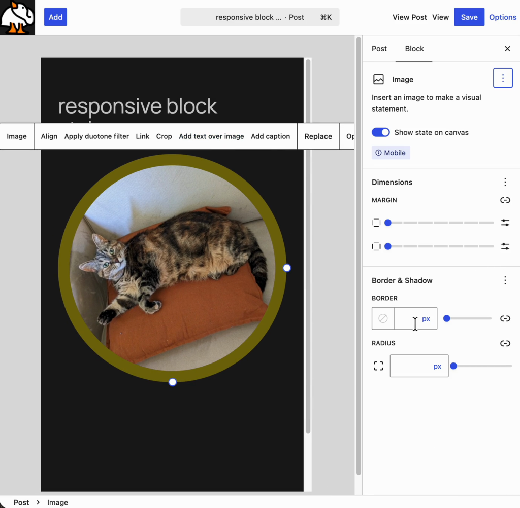 An Image block in the WordPress editor with the Mobile state enabled and responsive dimension, border, and radius controls visible.