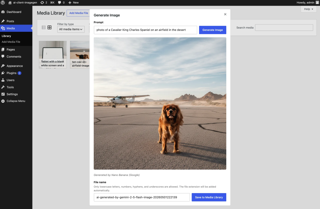 The WordPress Media Library showing an image generation modal with a prompt field, generated preview, filename field, and save button.
