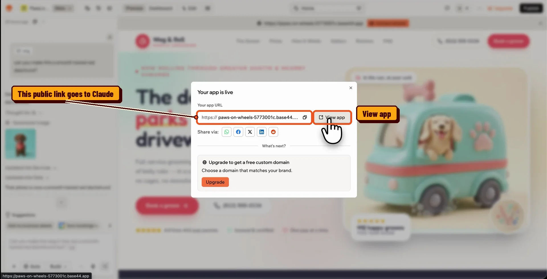 Base44 Your app is live window with the app URL and View app button