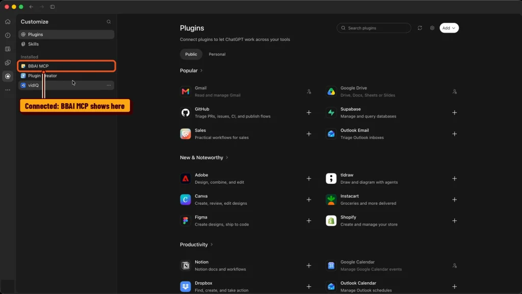 Beaver Builder AI MCP app connected in ChatGPT