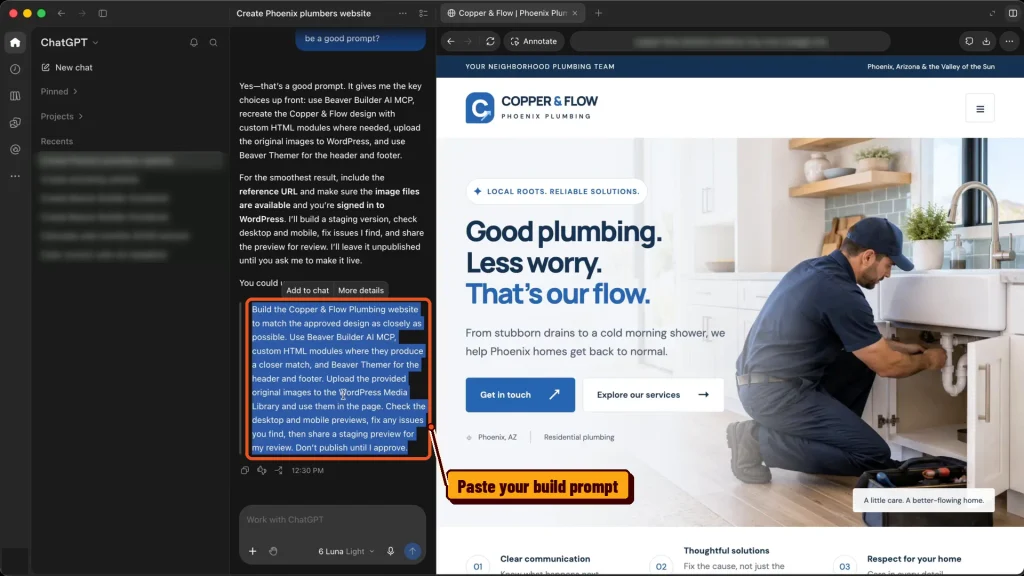 ChatGPT build prompt for converting a ChatGPT site to WordPress with Beaver Builder AI MCP