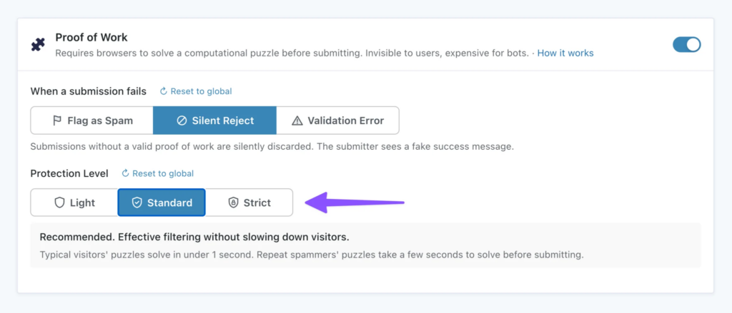 Alt: Spam Hexer Proof of Work settings with Standard protection selected for effective filtering without slowing down visitors.