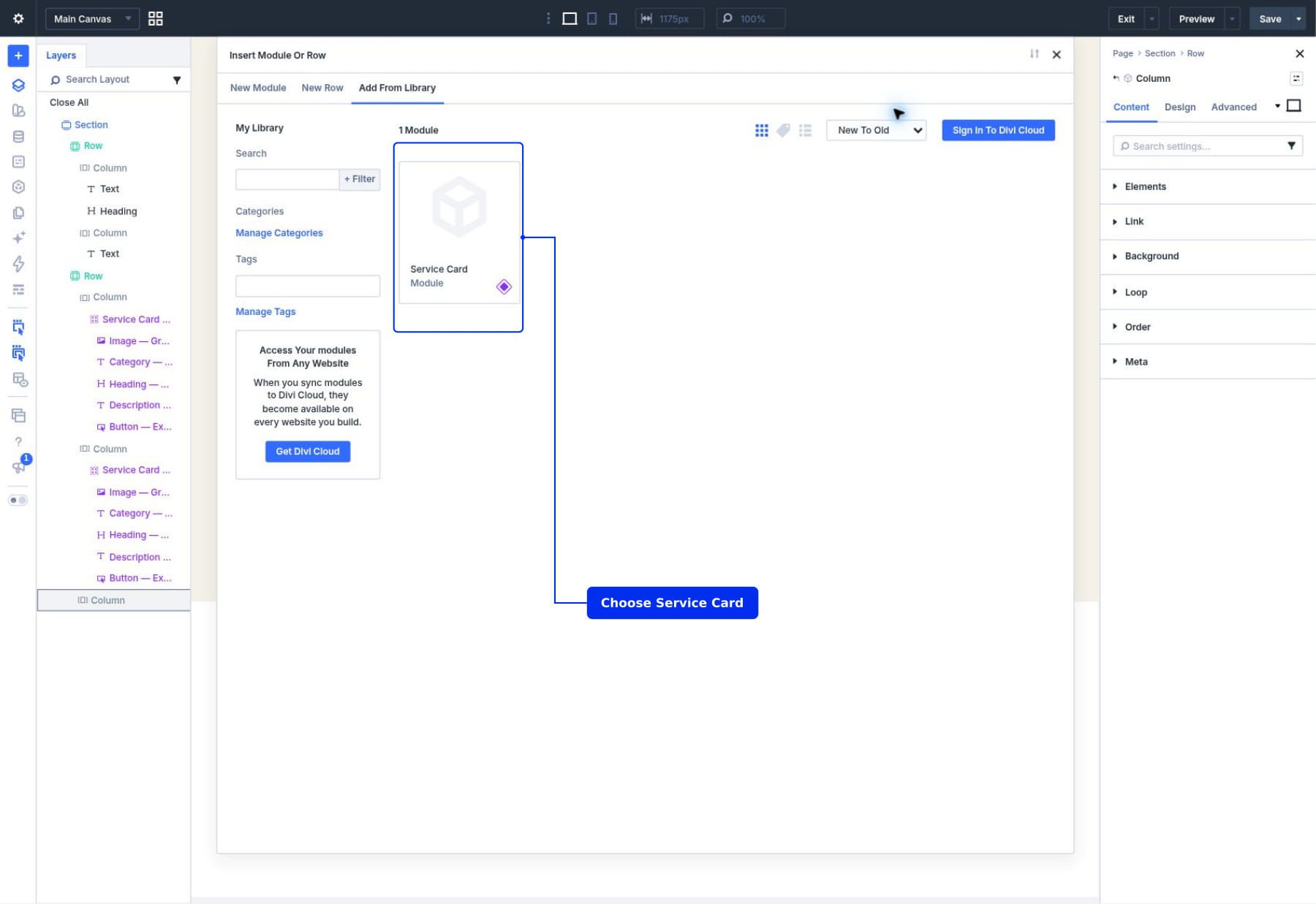 Selecting the saved Service Card Component in the module Library