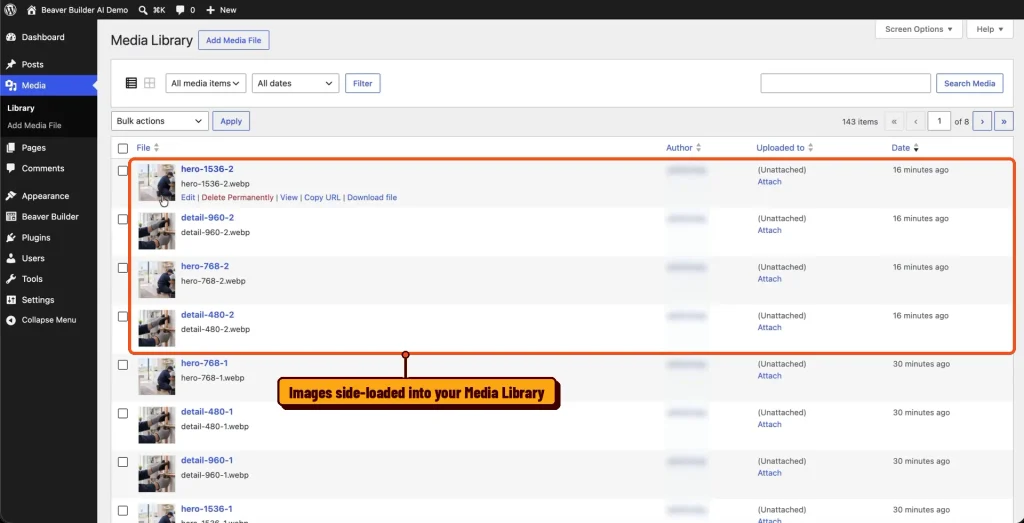 Images from the ChatGPT design uploaded to the WordPress Media Library
