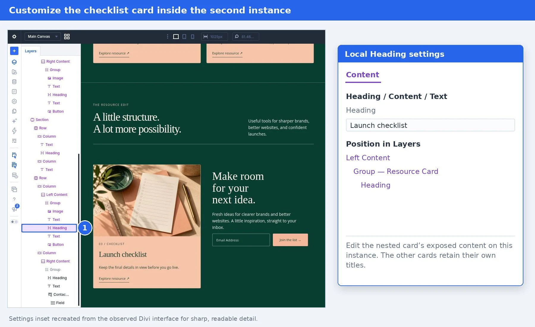 Edit the nested card’s local title inside the second Resource Collection instance’s Left Content Slot.
