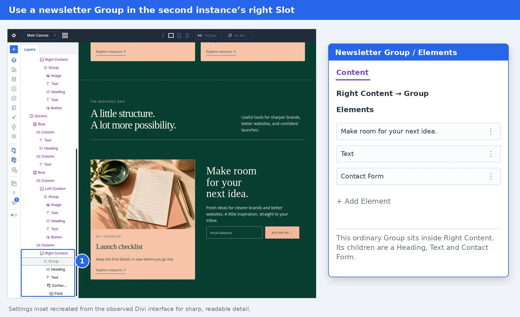 An ordinary newsletter Group nested inside the second instance’s Right Content Slot contains a Heading, Text, and Contact Form.