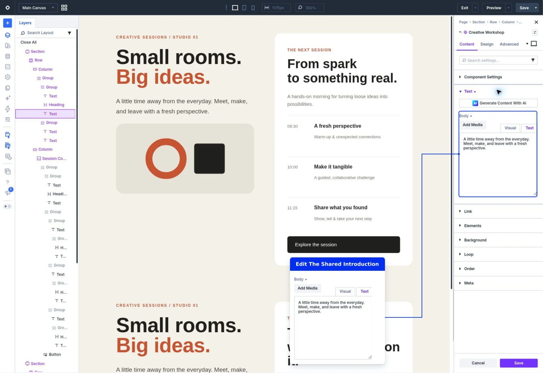 Editing the shared workshop introduction in the Creative Workshop Component source.