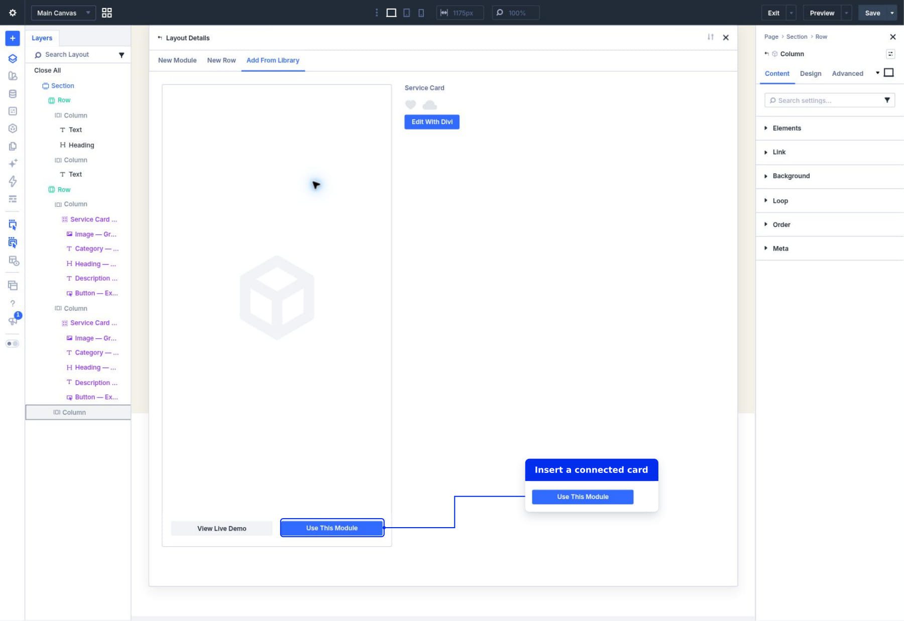 Use This Module button for inserting the Service Card Group Component