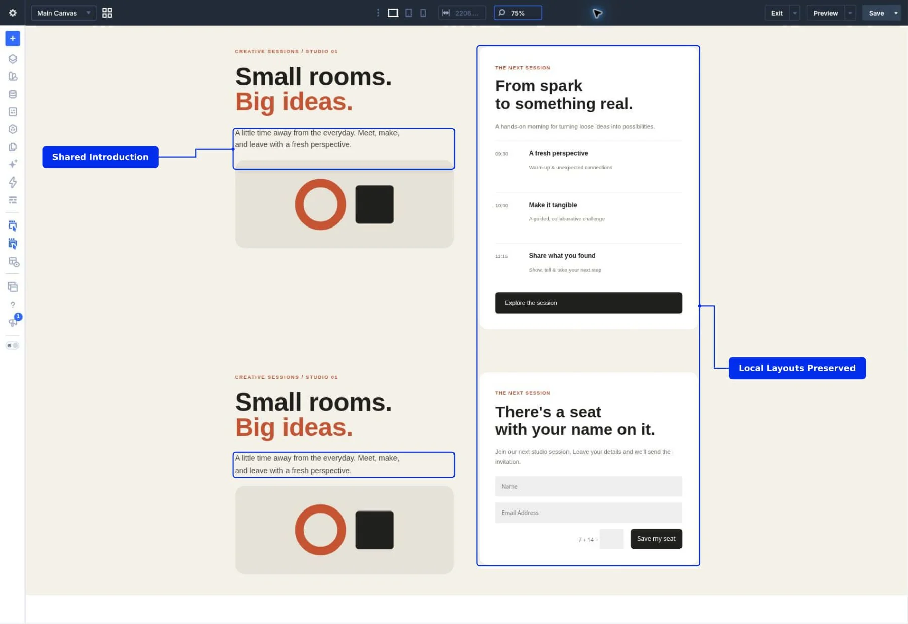 Both workshop instances displaying the updated shared introduction while retaining their local schedule and booking layouts.