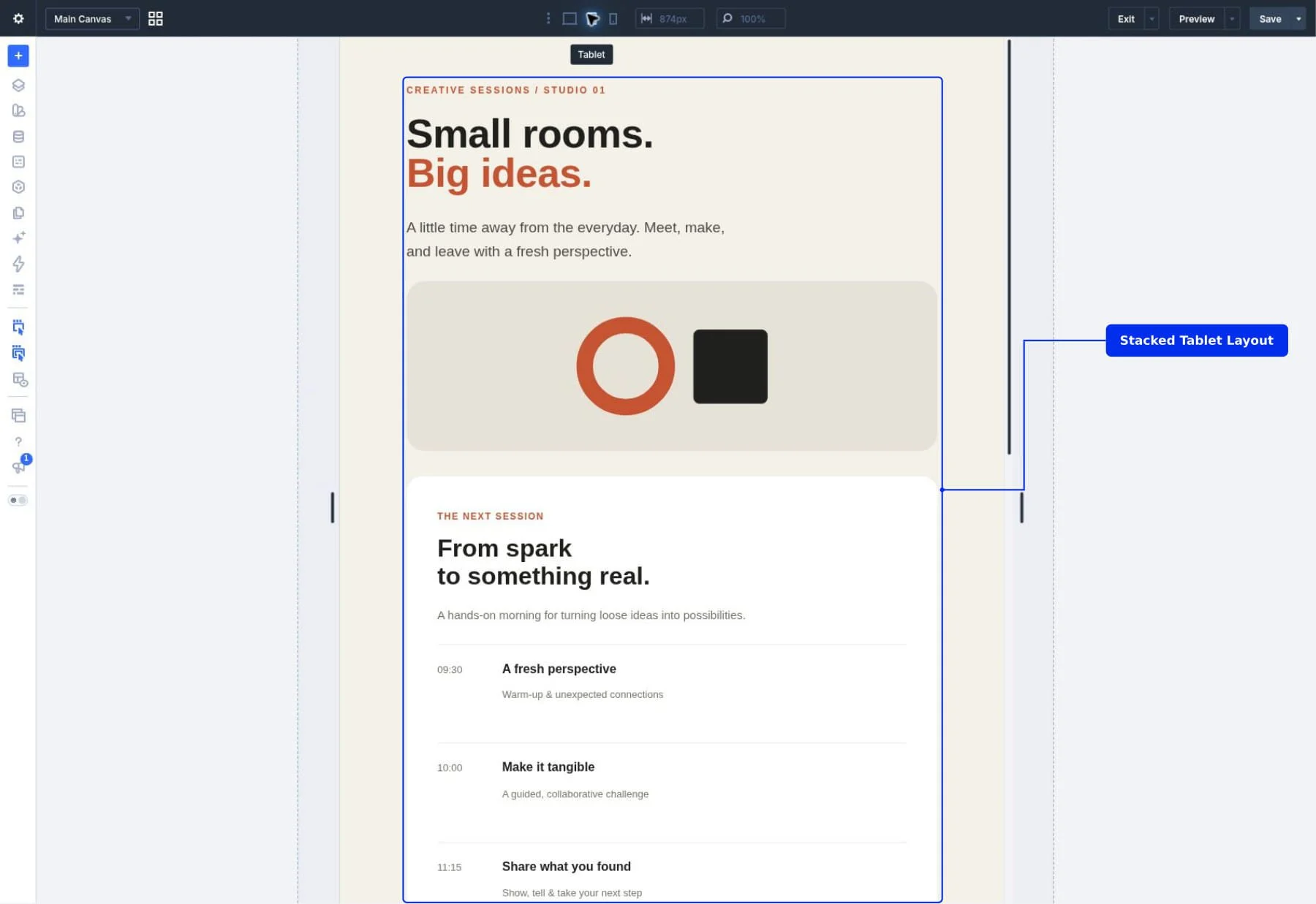 Divi 5 tablet preview showing the workshop introduction stacked above its local Slot content.