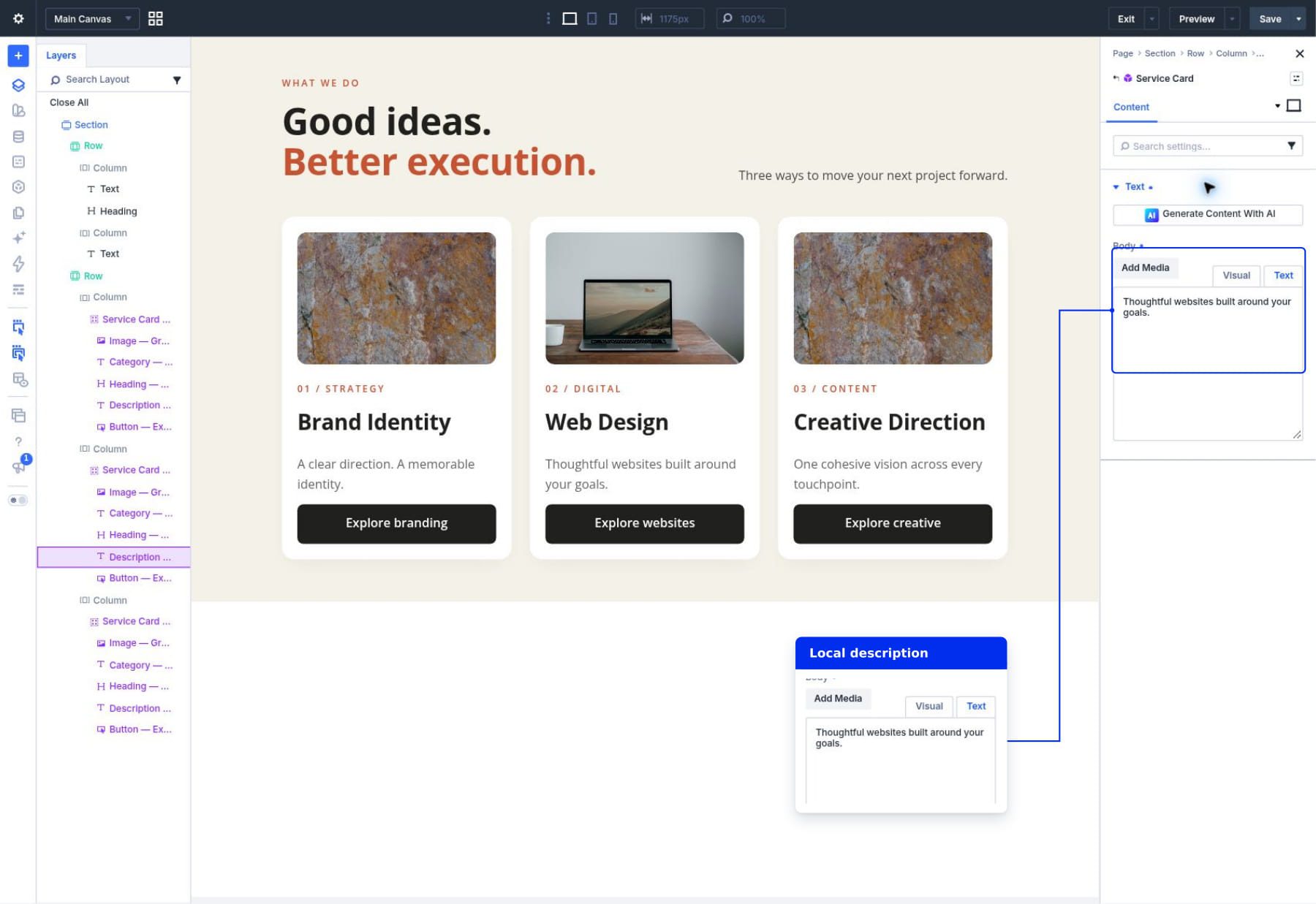 Editing the Web Design card's locally editable description