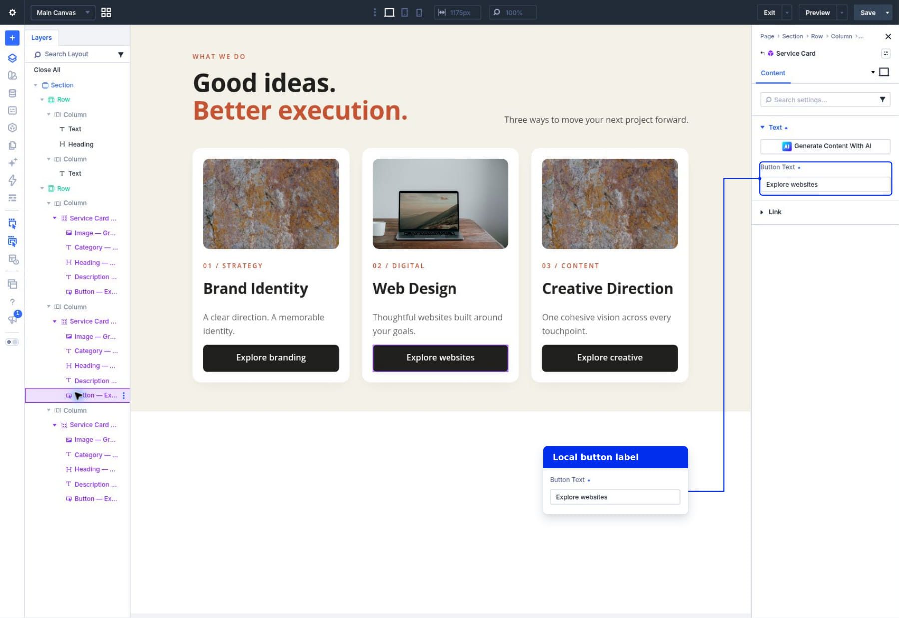 Editing the Web Design card's locally editable button label
