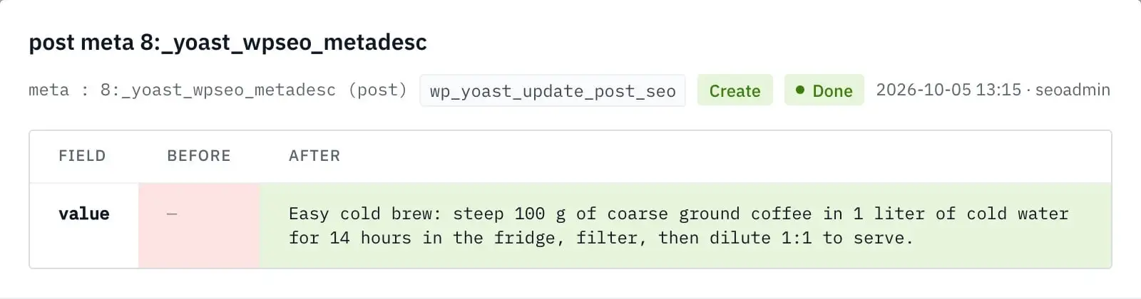 Change history entry for a Yoast meta description write: empty before, the new cold brew description after, status Done.