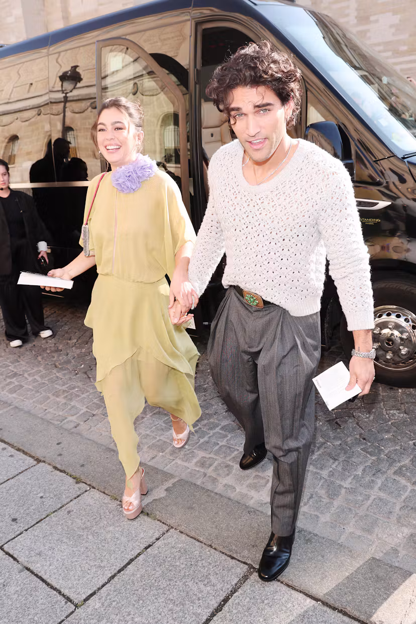PARIS, FRANCE - OCTOBER 04: Mika Abdalla and Josh Heuston arrive at the Valentino 