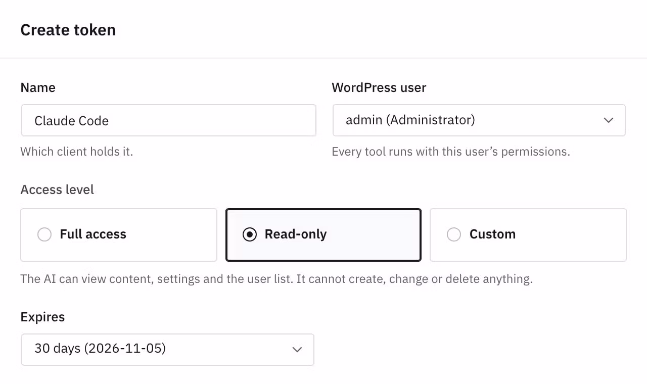 Easy MCP AI 2.0.1 token form: user admin, Read-only, so the AI can view content but cannot create, change or delete anything.