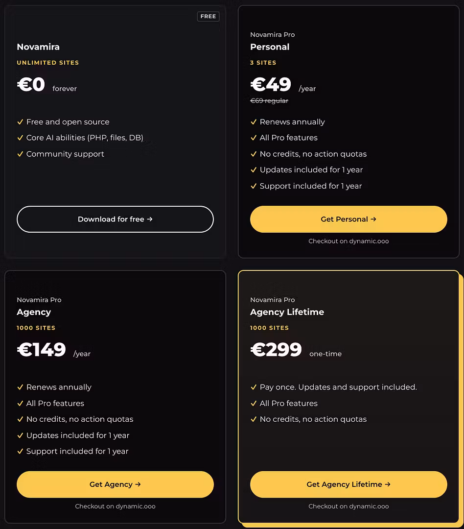 Novamira pricing: free for unlimited sites, Personal €49/year for 3 sites, Agency €149/year, Agency Lifetime €299 once.