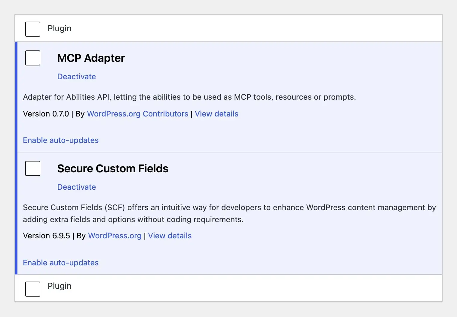 Plugins screen with MCP Adapter 0.7.0 and Secure Custom Fields 6.9.5 active; the MCP Adapter row has no Settings link.