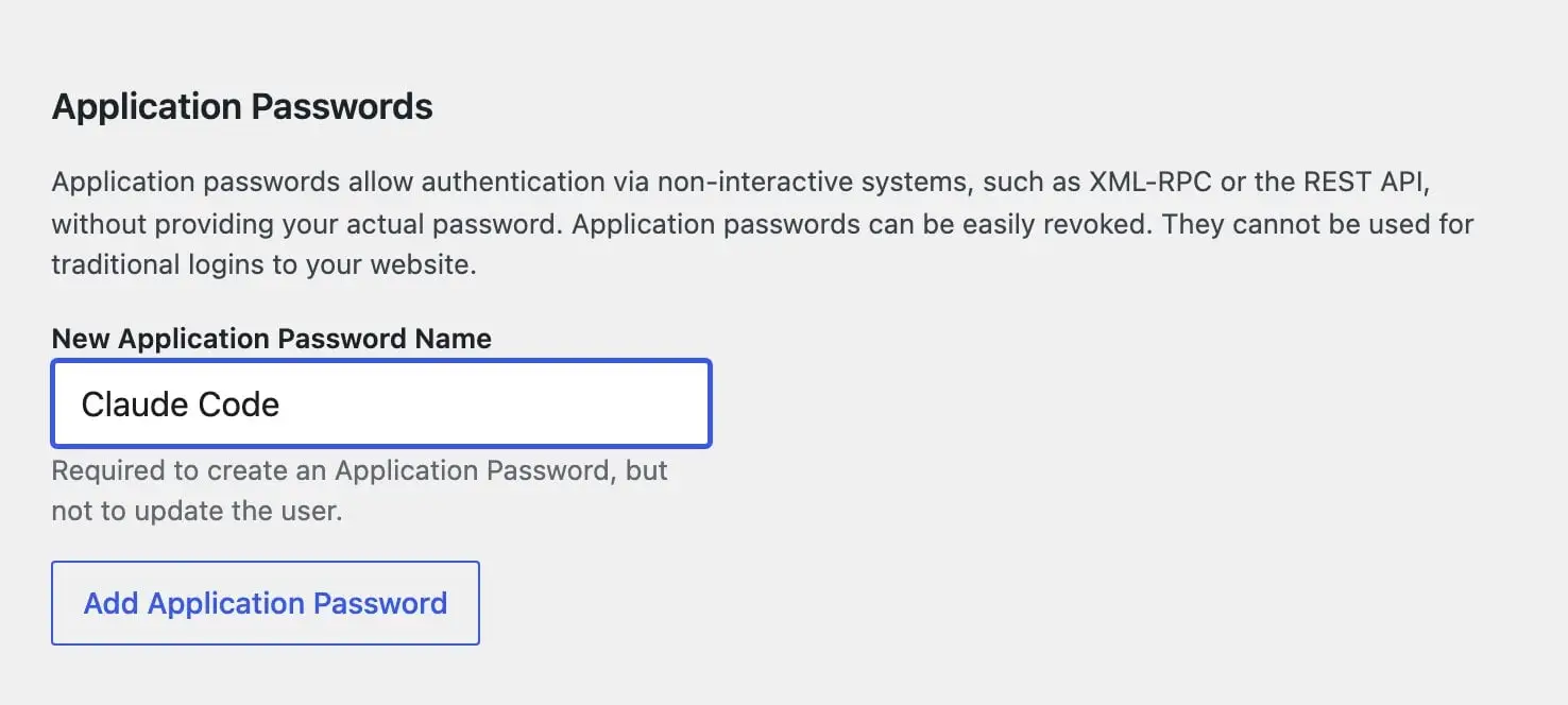 Application Passwords on a user profile: the name field filled with Claude Code and the Add Application Password button.