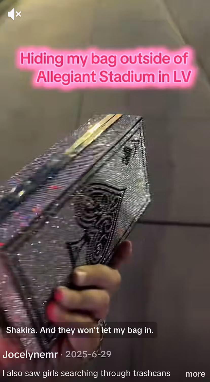 A concertgoer ditches her bag. 