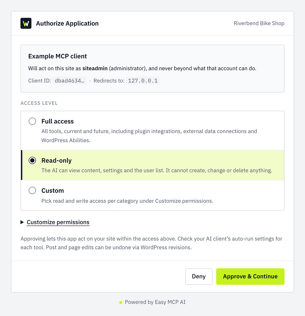 Easy MCP AI approval page for an example client, Read-only chosen: view content, settings and users, change nothing