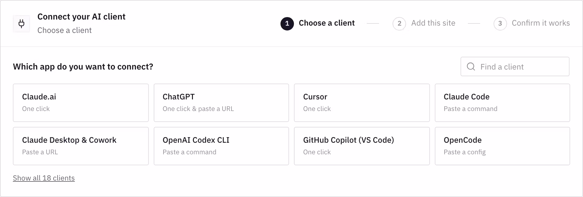 Step 1 of the Easy MCP AI connect card: Choose a client, with tiles for Claude.ai, ChatGPT, Cursor, Claude Code and more.