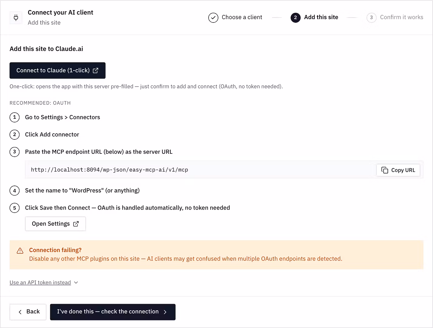 Step 2 for Claude.ai: the 1-click connect button, manual OAuth steps and the site's MCP endpoint URL.