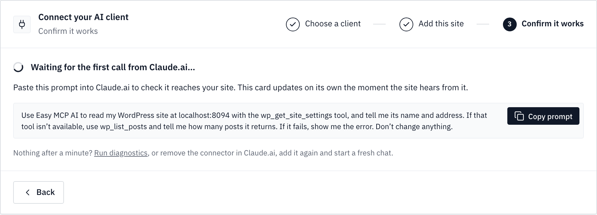 Step 3 waiting state: the card asks to paste a read-only check prompt into Claude.ai and updates itself on the first call.