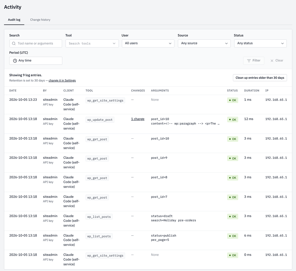 Easy MCP AI → Activity → Audit log listing nine MCP tool calls from Claude Code, all marked OK.