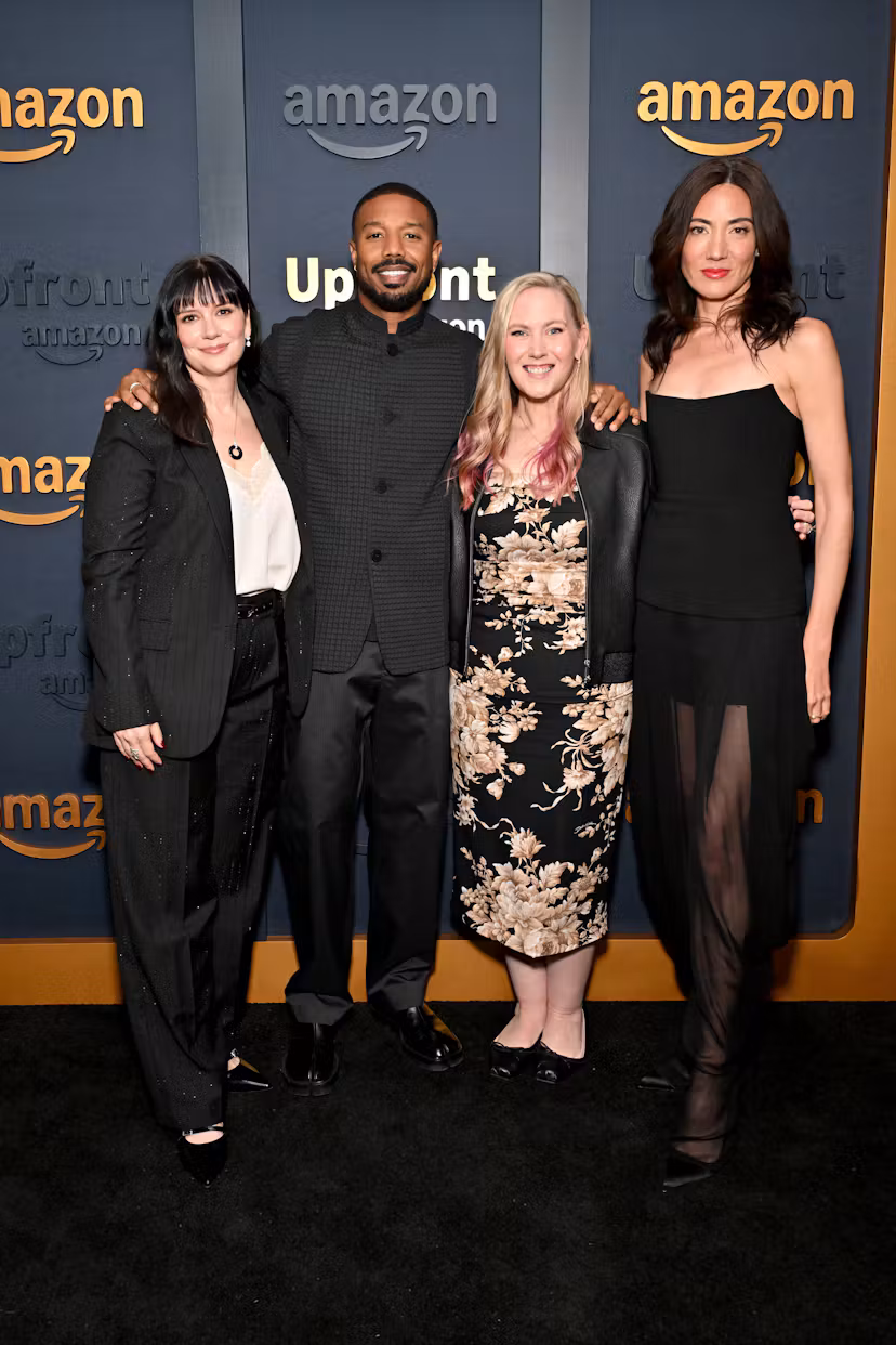 NEW YORK, NEW YORK - MAY 11: (L-R) Meredith Averill, Michael B. Jordan, Rebecca Yarros, and Lisa Joy...