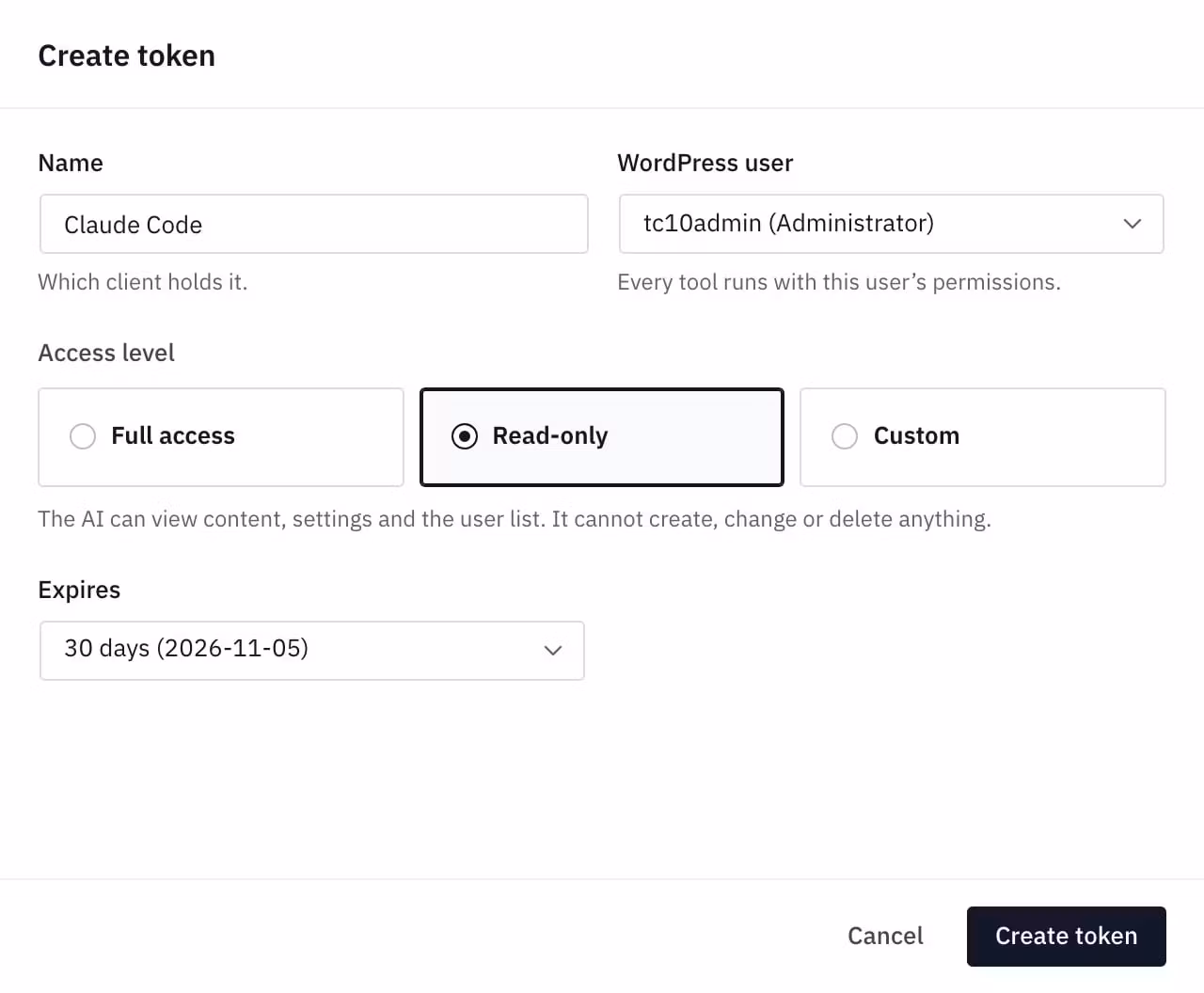 The Easy MCP AI Create token dialog has Read-only selected, with a note that the AI cannot create, change or delete anything.