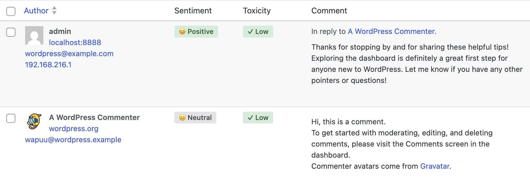 The WordPress Comments screen with Sentiment and Toxicity badges added by the AI plugin.